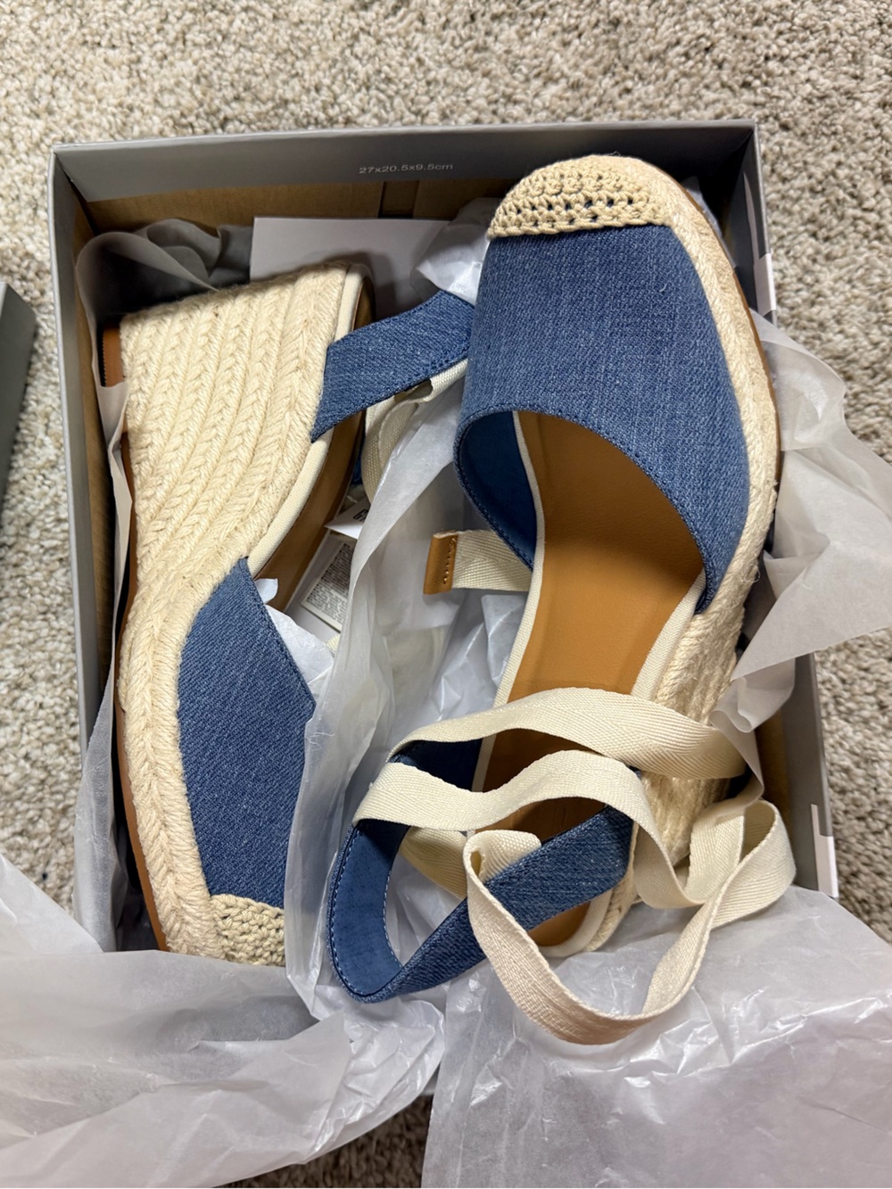 GAP Blue Canvas Espadrille Wedges with Cream Ankle Ties
